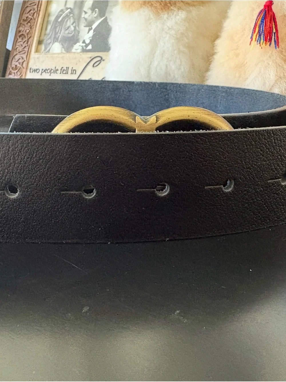 Lacoste Black Leather Belt with Antiqued Gold Crocodile Buckle